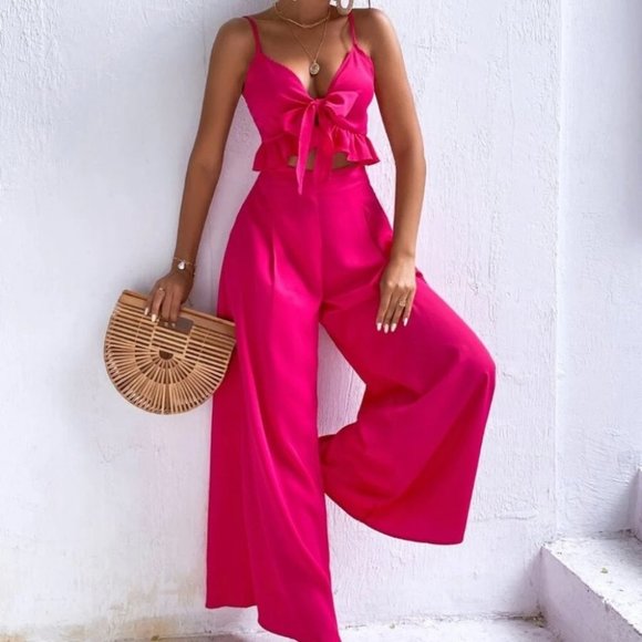 Wide Leg Pants w/ Peplum Cami Knot Front Top set - Picture 1 of 8